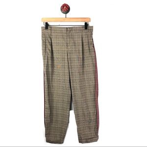 Zara S pants plaid brown side stripe red cuffed